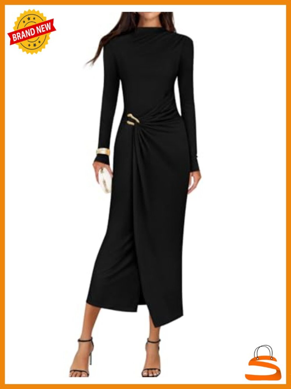 Womens Mock Neck Long Sleeve Bodycon Midi Cocktail Wedding Guest Dress